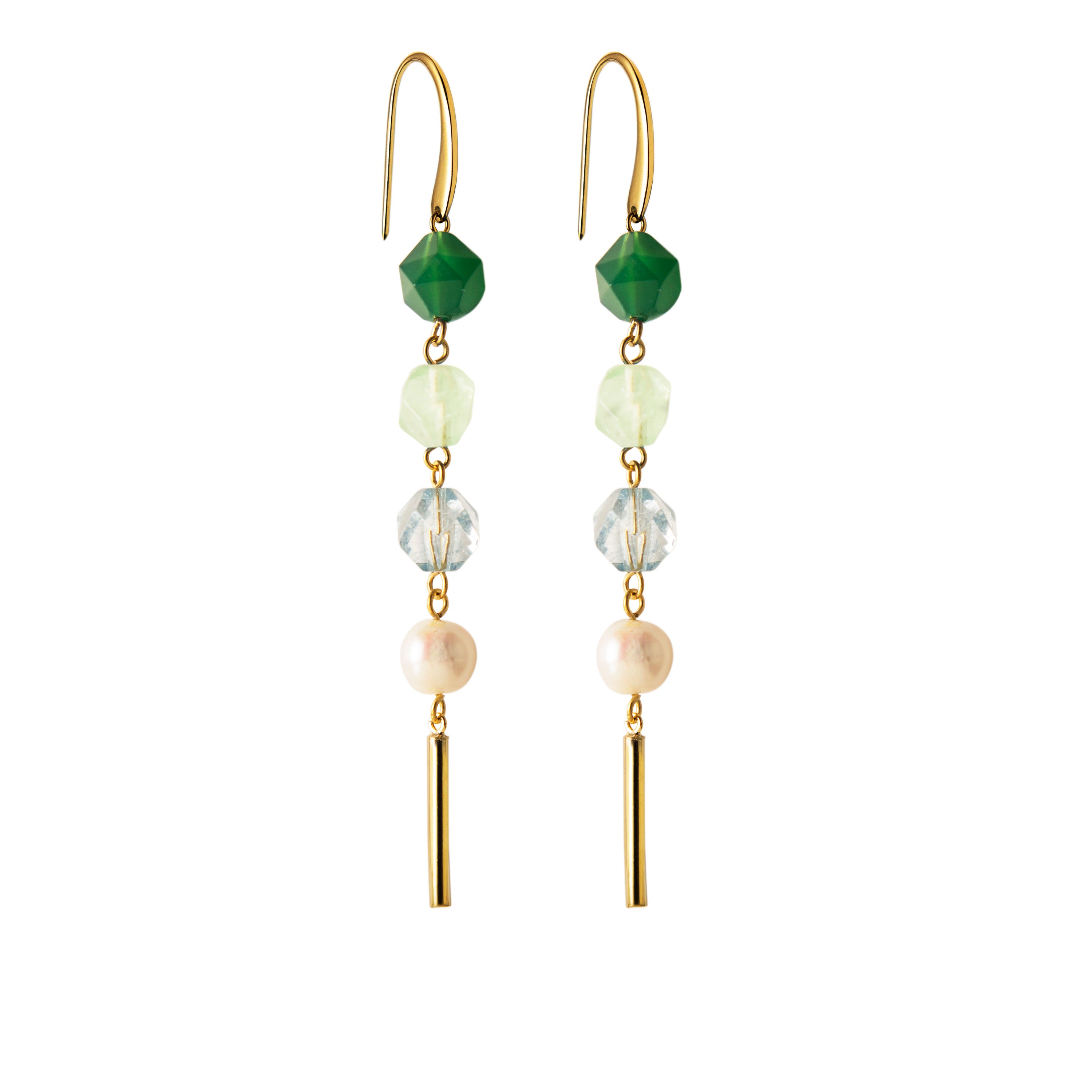 Earrings with green agate, fluorite, rock crystals and pearls