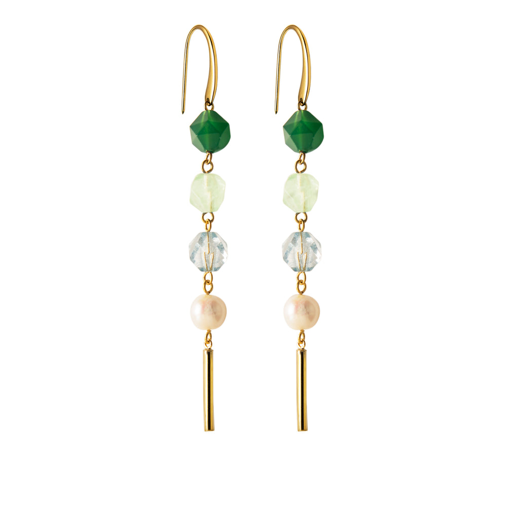 Earrings with green agate, fluorite, rock crystals and pearls