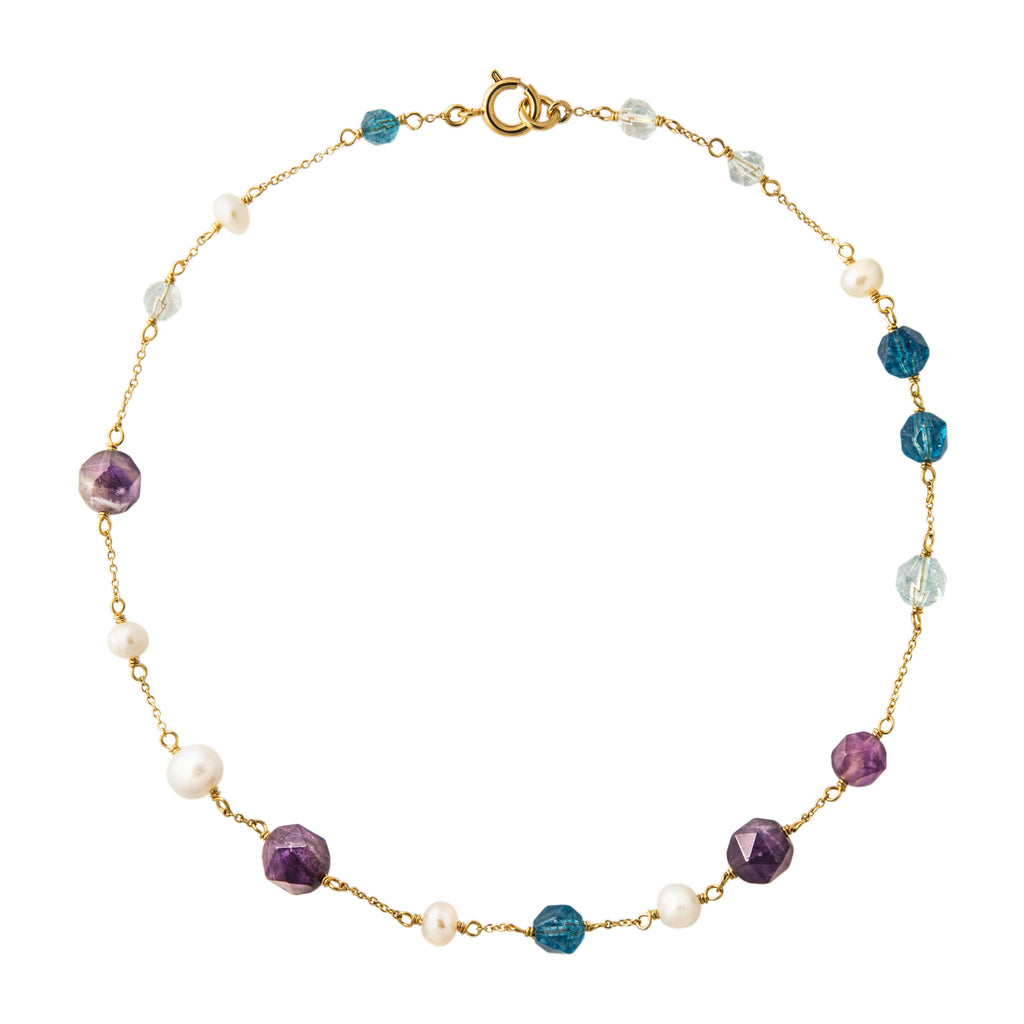Necklace with cultured pearls, amethyst, blue crackle quartz and rock crystals