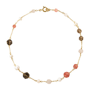 Necklace with cultured pearls, cherry quartz, smoky quartz and rose quartz