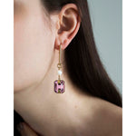 Earrings with cultured pearls and purple crystals.