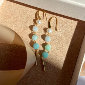 Earrings with natural pearls, aquamarine, jade and amazonite